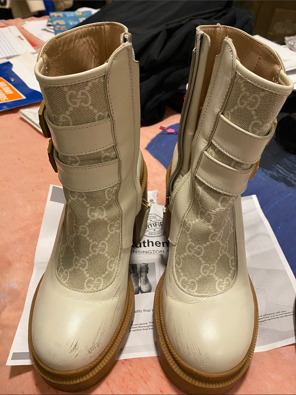 Gucci Cream GG Canvas Lace-Up Mid-Calf Boots